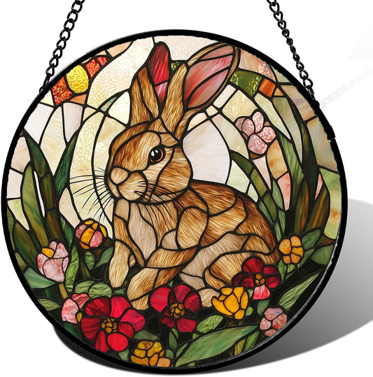 Stained Glass Window Hanging, Cute Bunny Flowers Sun Catcher for Window Door Home Decor, Rabbit