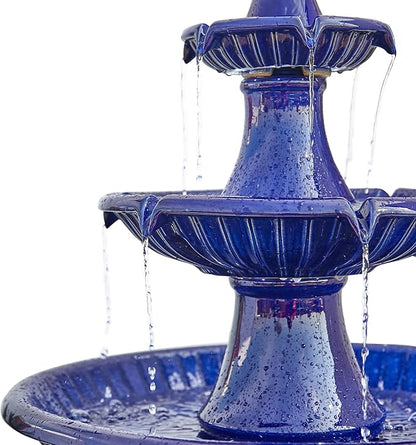 Glitzhome Water Fountain Outdoor Floor-Stand Fountain with LED Light & Pump Oversized 3 Tier Ceramic Cobalt Blue Patio Fountains and Waterfalls Outdoor Yard Fountains for Lawn Garden Backyard