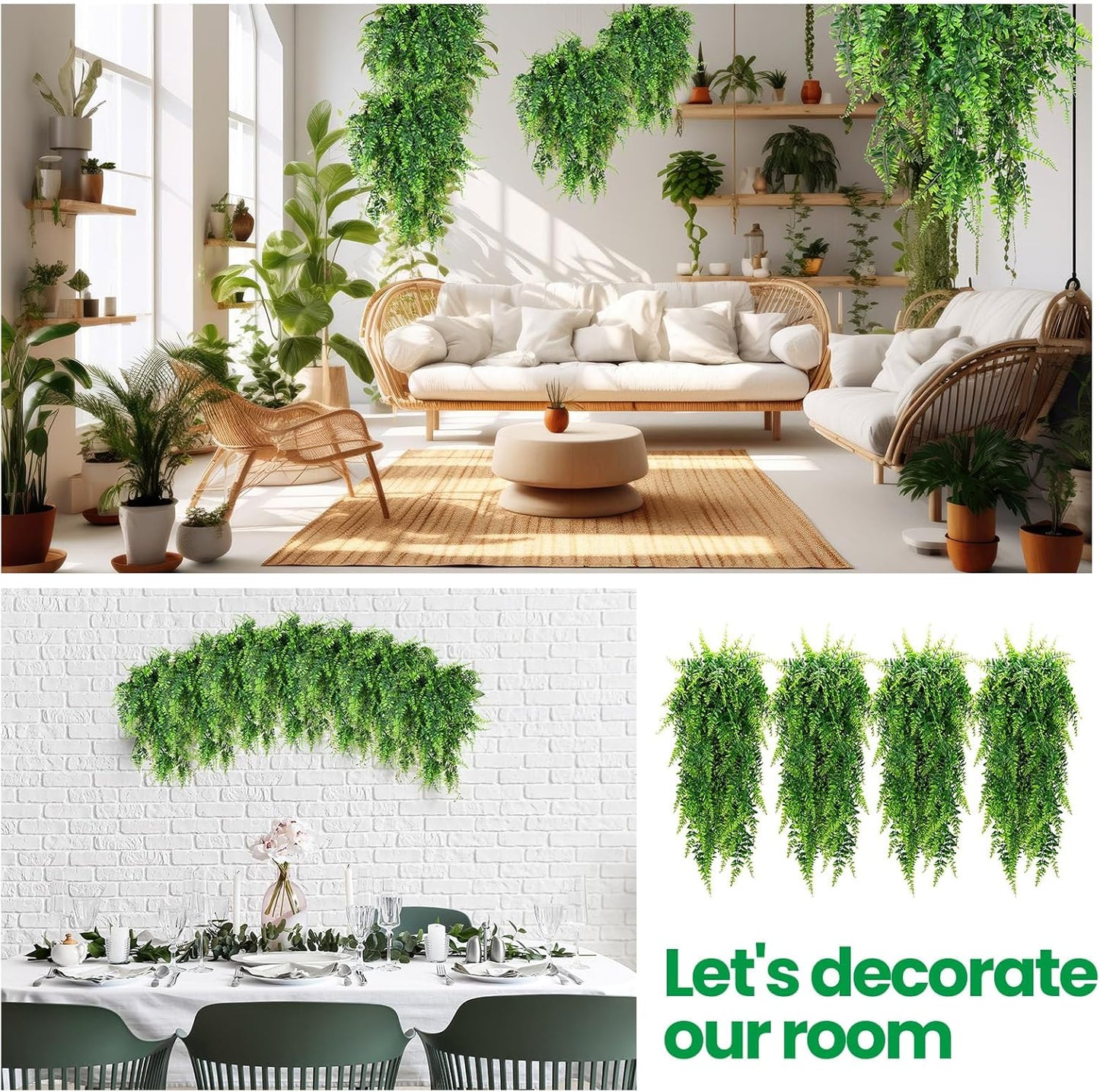 Geosar 42 Pcs Artificial Hanging Plants 32 Inch Hanging Boston Ferns Plastic Fake Plants for Wall Room Garden Wedding Garland Indoor Outdoor Decoration, No Basket