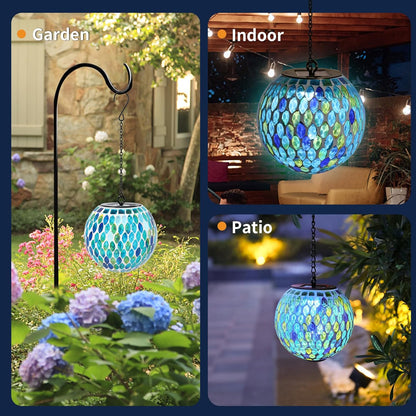 VCUTEKA Hanging Solar Lanterns Mosaic Solar Lights with Hook Up, Outdoor Garden Lights Decor for Yard Tree Fence Patio, Blue