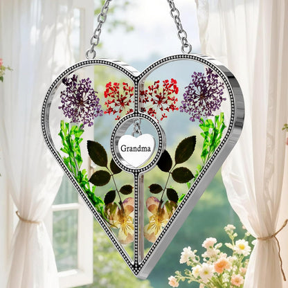 KY&BOSAM Heart Suncatcher Grandma Gifts Stained Glass Panels for Windows Hangings Wind Chime, Pressed Flower and Metal I Love You Heart Charm Windows Indoor Christmas Trees Wedding Party Home Decor