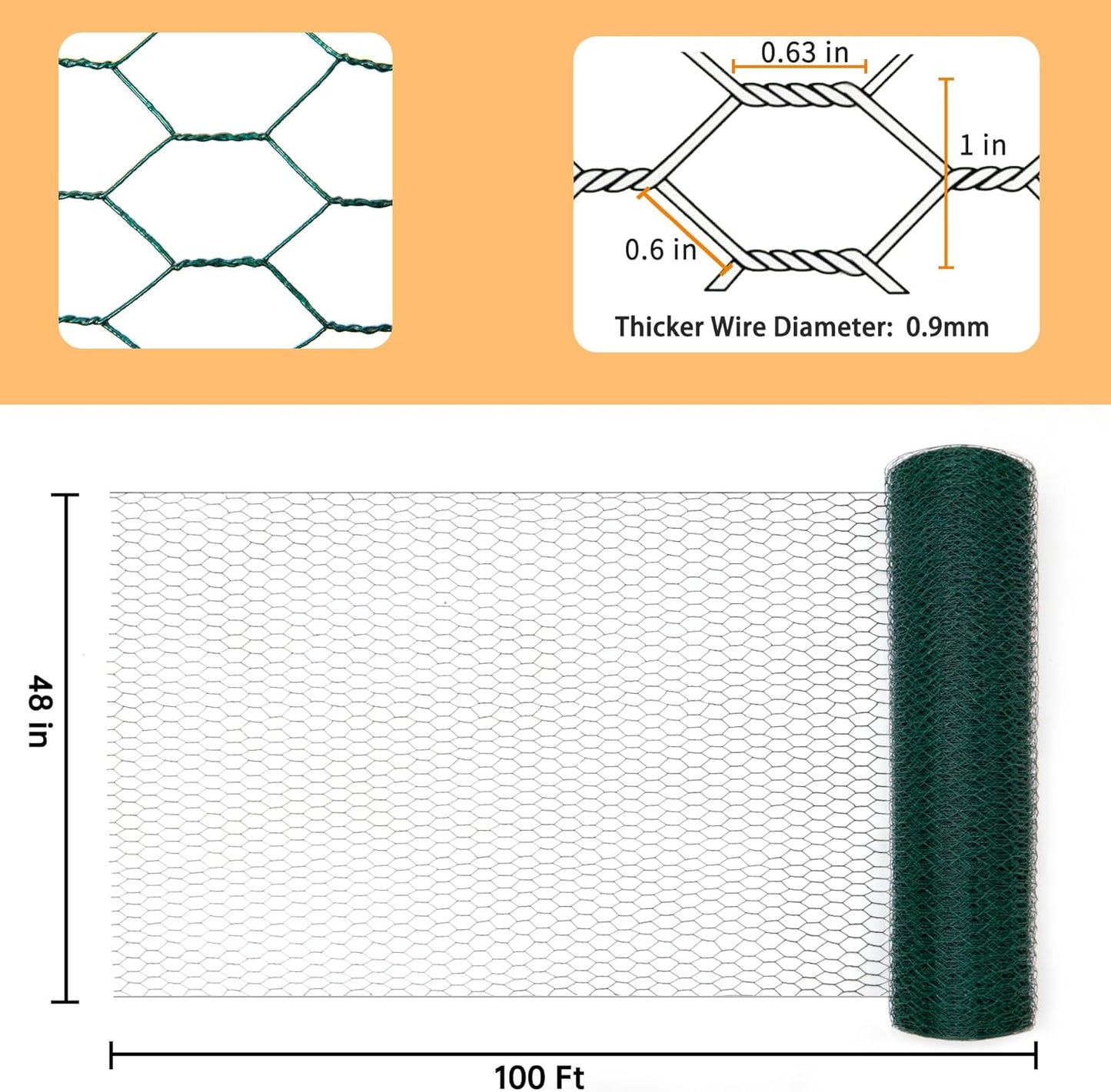 Green Chicken Wire 48 inch(H) x 100 ft(L), Anti-Rust Hexagonal Galvanized Metal Garden Netting for Floral Arrangements, PVC Coated Chicken Wire Coop for Crafts Plant Protector Pet Rabbits Fencing