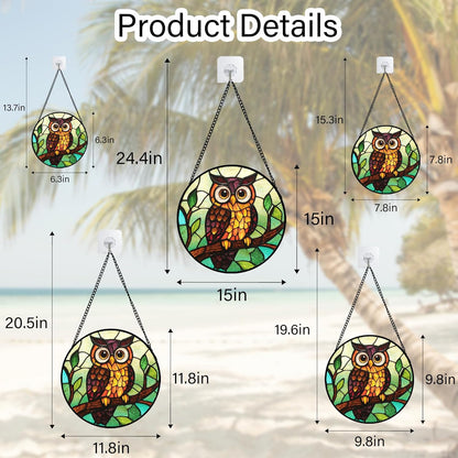 Stained Glass Window Hanging - Owl on a Branch Suncatcher for Doors Window Home Orange Brown Sun Catchers Decor Christmas Mother's Day Birthday Gifts for Teacher Women Men Mom Nana 6.3 in