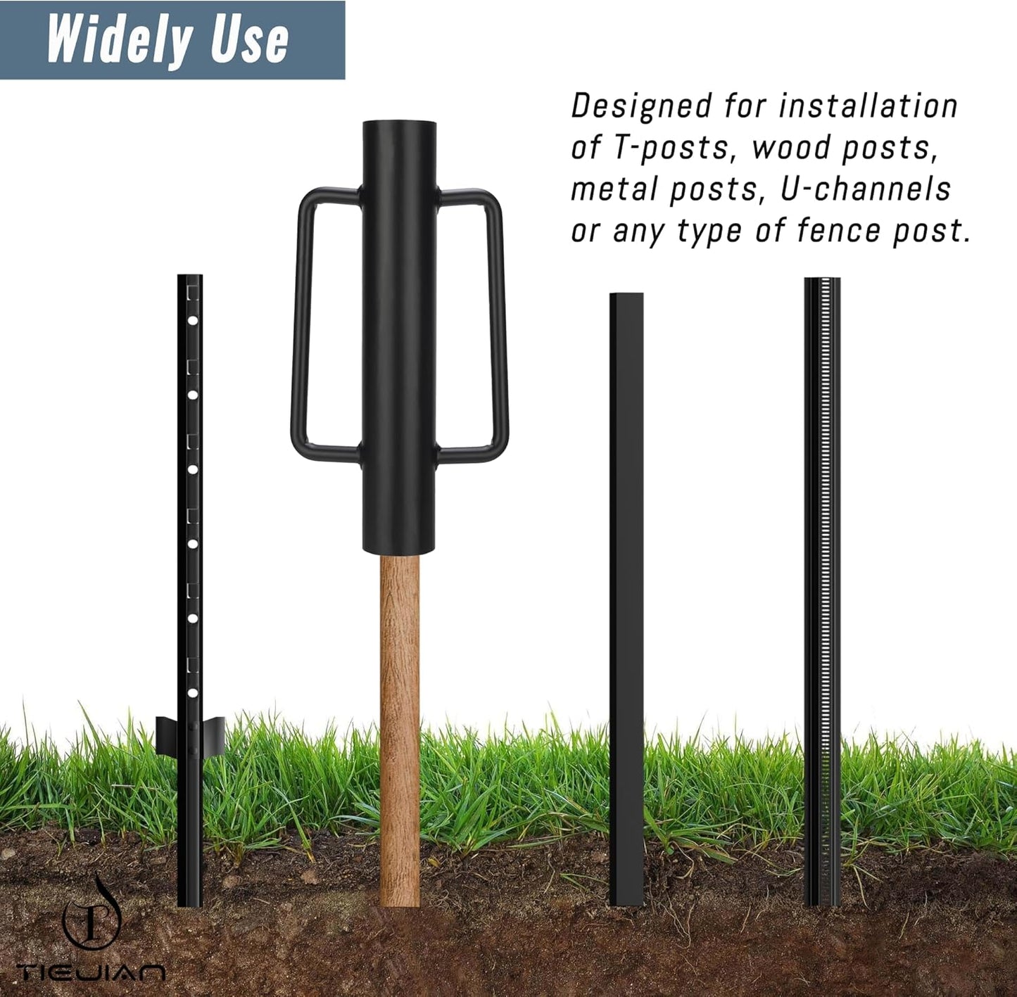 Fence Post Driver T Post Pounder with Handle 16 LB, Heavy Duty Hand Post Rammer for Wooden Posts/U-Channels/Fence Posts, 16 Inch Post Hole Digger (Black)