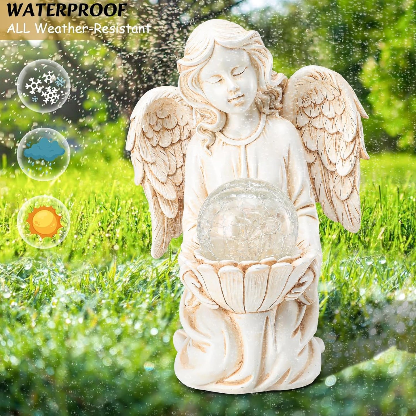 Angel Statues for Garden - Guardian Ange with Light - 8.3" Waterproof Outdoor Angel Memorial Scupture, Solar Angels Figurines Holding Glass Balls for for Patio, Yard, or Cemetery