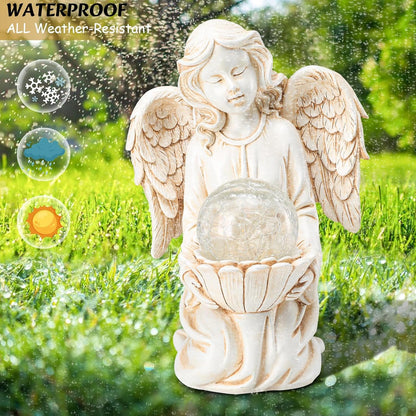 Angel Statues for Garden - Guardian Ange with Light - 8.3" Waterproof Outdoor Angel Memorial Scupture, Solar Angels Figurines Holding Glass Balls for for Patio, Yard, or Cemetery