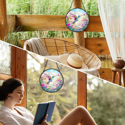 Hummingbird Flower Whimsical Suncatcher Stained Glass Window Hanging Decor, Cottagecore Birds Stained Glass Wall Decor, Country Garden Sun Catchers Indoor Window Hanging Wall Art, 7.9x7.9In