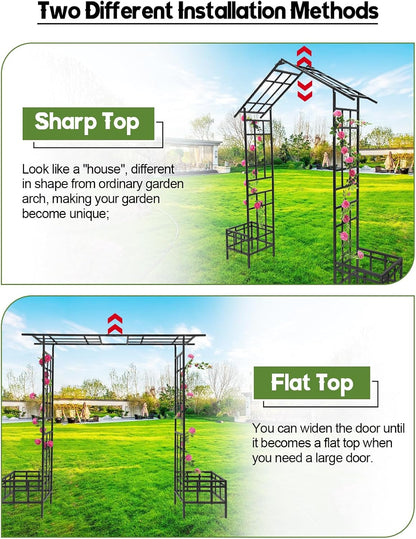 Kalolary 2 in 1 Metal Garden Arbor with Plant Box, 8FT House Shape Garden Arch Trellis for Climbing Plants Heavy Duty Steel Pergola Arch for Wedding Party Backyard Outdoor (Freely Adjustable Width)