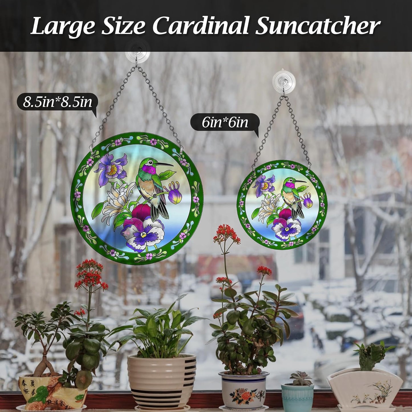 Hummingbird Stained Glass Suncatcher Round, Window Hanging with Chain & Hook, Gift-Boxed Floral Bird Window Decor, Gift for Mom & Grandma (8.6in)