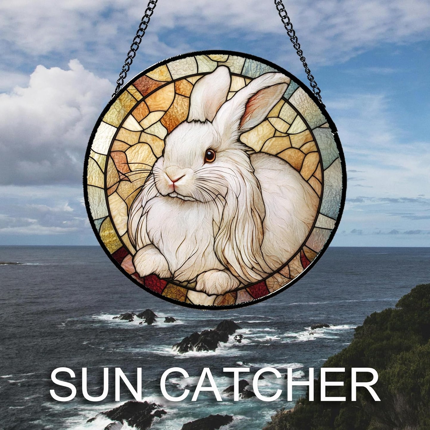 Stained Glass Window Hanging Cute White Angora Rabbit Large 11.8" - Bunny Suncatcher Door Garden Sunroom Sun Catcher Home Decor Birthday Christmas for Mom Men Woman Nana
