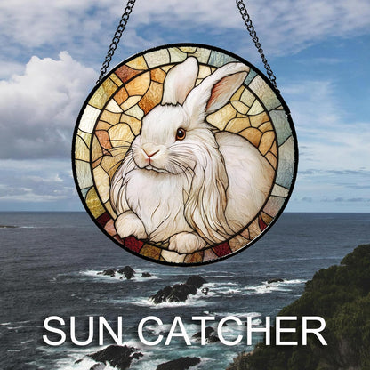 Stained Glass Window Hanging Cute White Angora Rabbit Large 11.8" - Bunny Suncatcher Door Garden Sunroom Sun Catcher Home Decor Birthday Christmas for Mom Men Woman Nana
