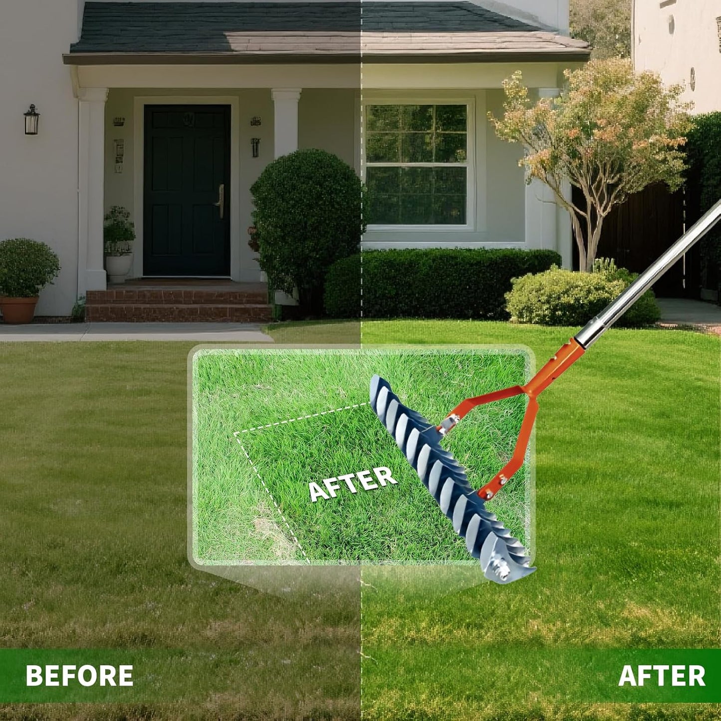 Thatch Rake,14" Wide 21-Tines Sturdy Garden Dethatcher Rake,Heavy Duty Ergonomic Adjustable Stainless Steel Handle;Durable Versatile Head for Removing Dead Grass and Leaves Clippings, Loosening Soil