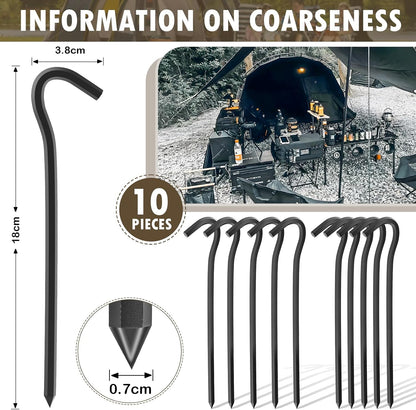 10Pcs Metal Tent Pegs with Hooks. 7 inches Durable Garden Stake Ground Anchors Awning Metal Hooks. Heavy Duty, Waterproof & rustproof, Ideal for Camping, Yard Decor, Picnic & tarp(Black)