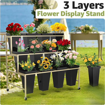 Flower Display Stand 3 Layers with 12 PCS Round Buckets, Plant Stand with Wheels, Movable Metal Plant Stand for Terrace Garden, Living Room, Florist Shop