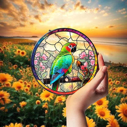6" Parrot and Flowers Stained Glass Suncatcher Art Glass Bird and Flower for Sun Catcher Indoor Window Gift for Pet Animal Nature Floral Lover Women Mom Friend Painted Glass Panel Décor BIRD-03B-SG6