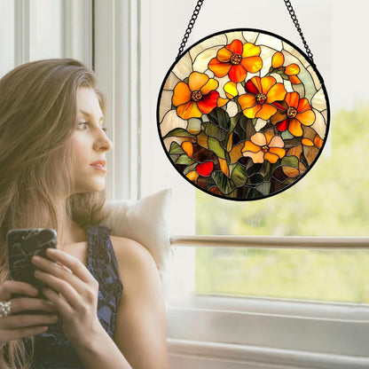 Stained Glass Window Hanging - Orange Marigolds Flowers Suncatcher for Door Garden Yard Sun Catchers Decor Christmas Mother's Day Birthday Gifts for Women Mom Nana Girlfriend Men 11.8 in