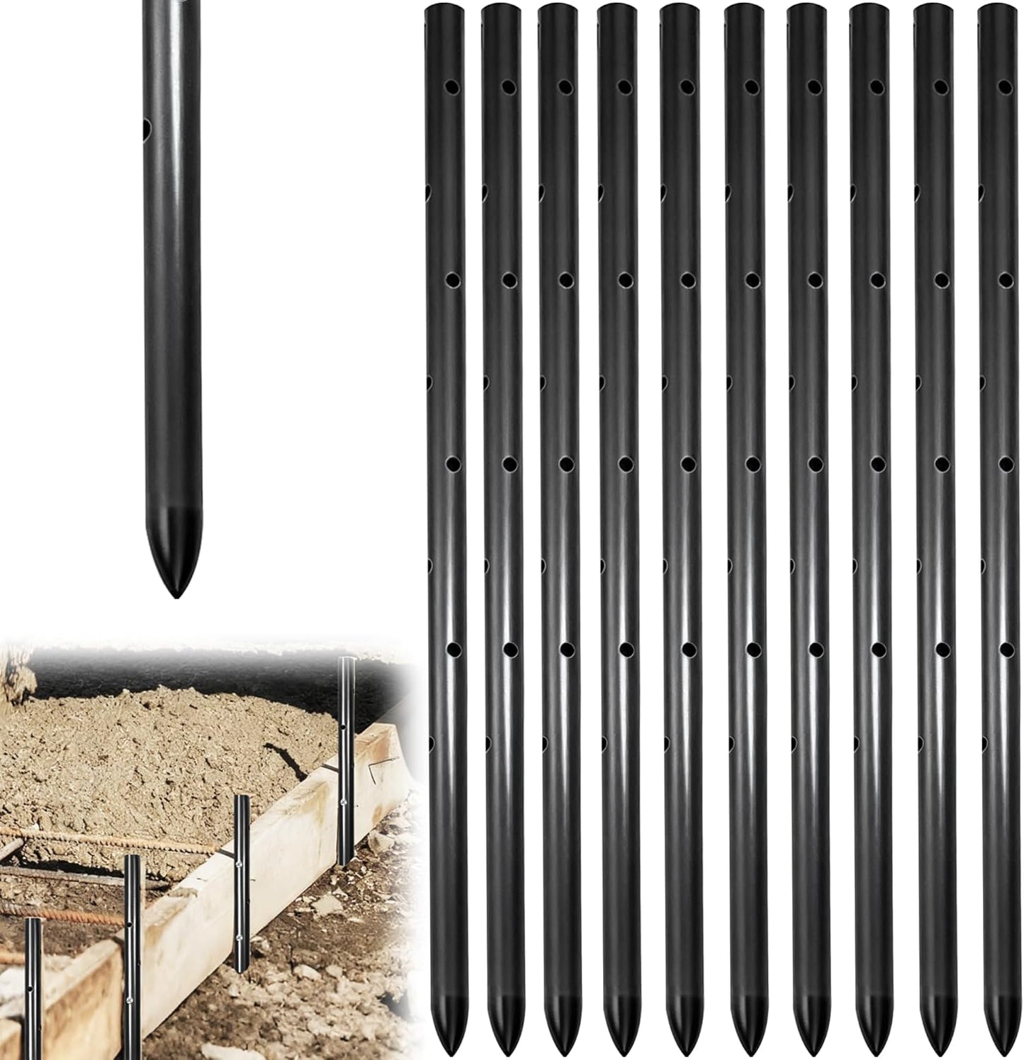 10PCS 17 Inch Round Steel Concrete Form Stakes with Holes Heavy Duty Rebar Stakes Concrete Pins for Concrete Forms, Garden Fence, Rust Resistant Removable Reusable, 3/5" Diameter, Pointed