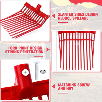 Lasnten 6 Pack Manure Fork Replacement Heads 12 Tines Heavy Duty Pitchfork Heads with Screws & Nuts Durable Horse Manure Rake for Picking up Grass Hay Animal Waste(Red)