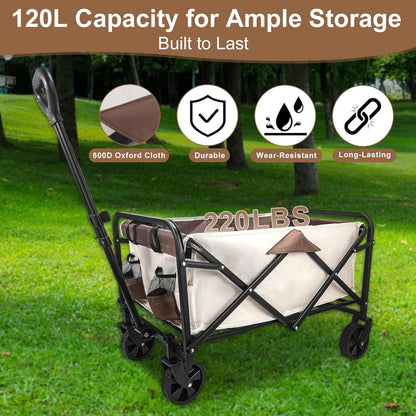 Heavy-Duty Collapsible Wagon Cart with Wheels, Lightweight Foldable Utility Cart with Adjustable Handle for Outdoor Use – Ideal for Grocery Shopping, Camping, Sports, Fishing, and More (Khaki)
