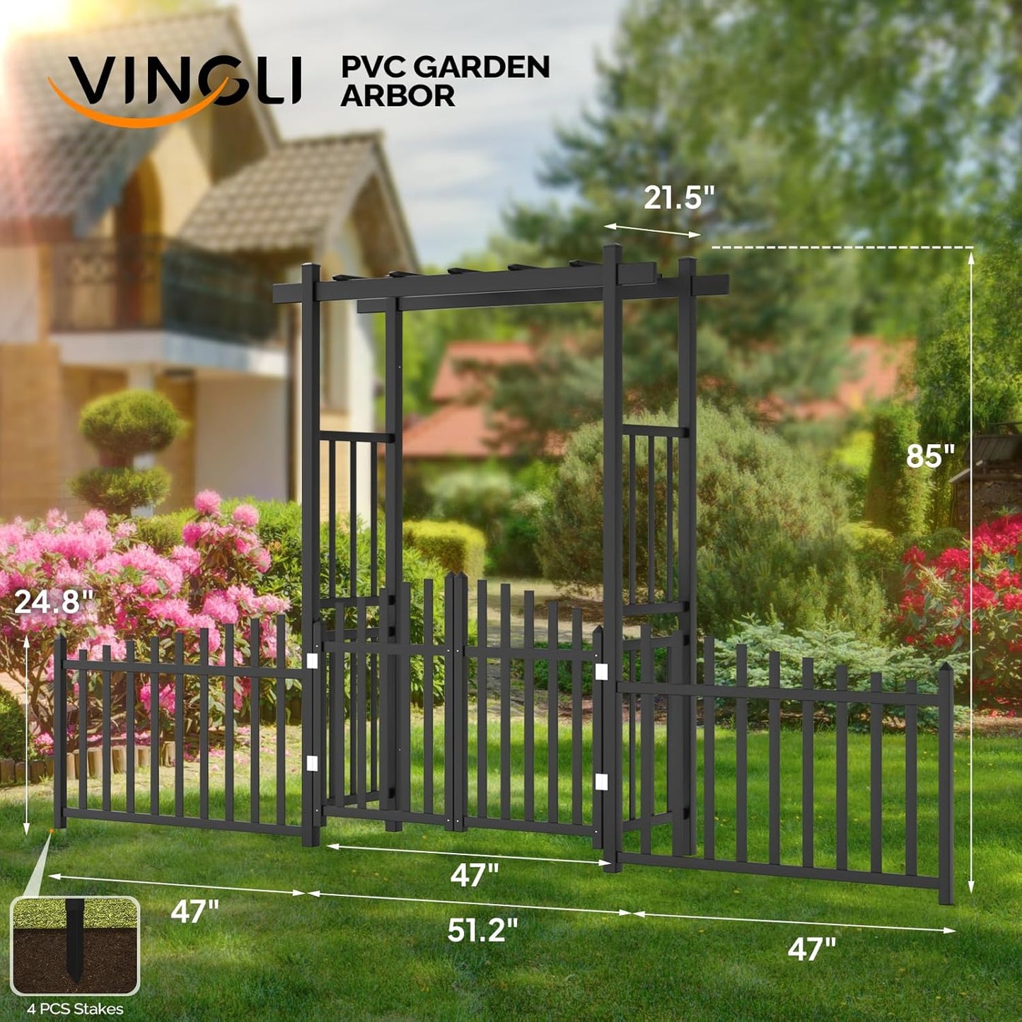 VINGLI Garden Arbor with Gate and Fence, PVC Wedding Arch for Ceremony Party, Garden Trellis for Climbing Plants Outdoor, Arch Backdrop Stand for Garden, Backyard, Lawn, Wedding (Black)