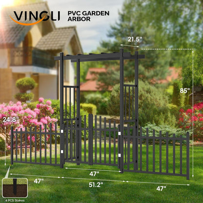 VINGLI Garden Arbor with Gate and Fence, PVC Wedding Arch for Ceremony Party, Garden Trellis for Climbing Plants Outdoor, Arch Backdrop Stand for Garden, Backyard, Lawn, Wedding (Black)