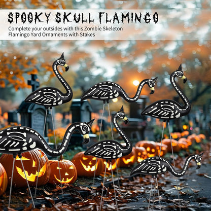 Halloween Black Flamingo Skeleton,Skeleton Flamingo Glow in The Dark, Zombie Flamingos for Spooky Graveyard Decorations, Skull Flamingo with Stakes for Halloween Lawn Ornaments, 2 Pack
