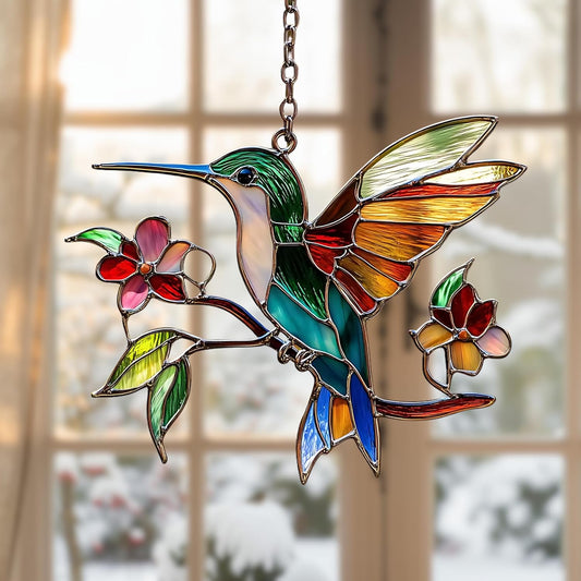Hummingbird and Flower Acrylic Suncatcher Stained Glass Effect Window Car Hanging Christmas