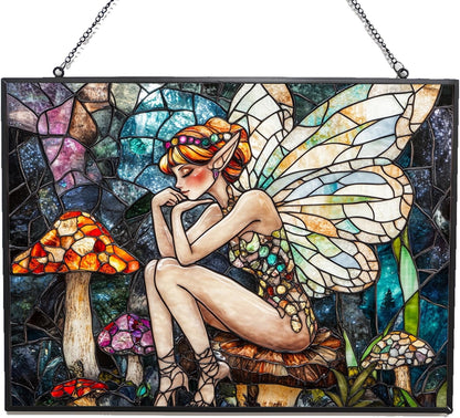 Customized Rectangle Boho Fairy On Mushroom Stained Glass Window Hanging, Stained Glass Suncatcher for Women, Window Decor Perfect Home Décor