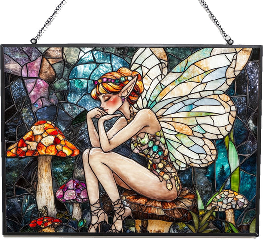 Customized Rectangle Boho Fairy On Mushroom Stained Glass Window Hanging, Stained Glass Suncatcher