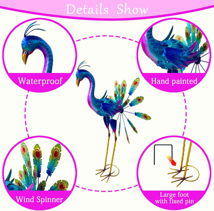 Decorative Metal Peacock Garden Statue, Iridescent Blue Purple Finish, Outdoor Lawn Ornament with Feather Display