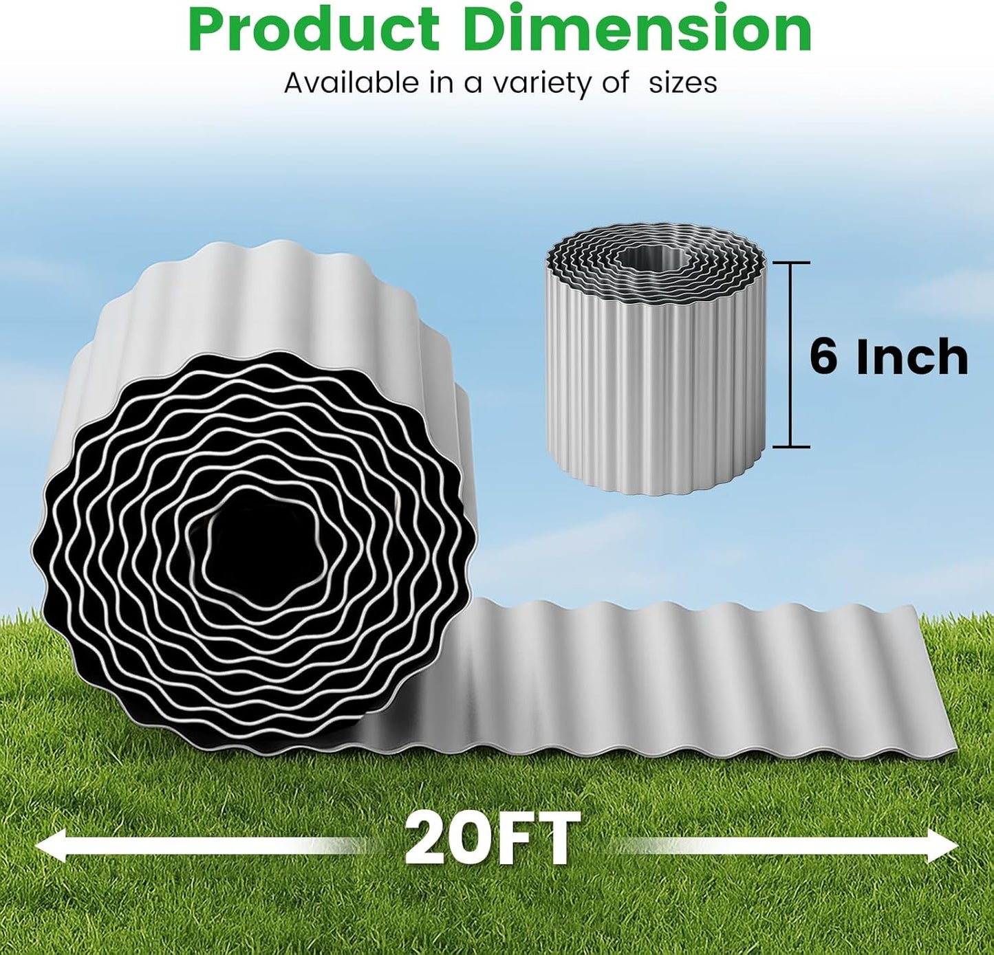 Bonviee 6” x 20’ Metal Landscape Edging Border Kit, Corrugated Garden Edging for Flower Bed, Lawn, Walkways, No Dig Paver Edging for Landscaping, Durable Garden Border Edging (Silver, 6In x 20Ft)