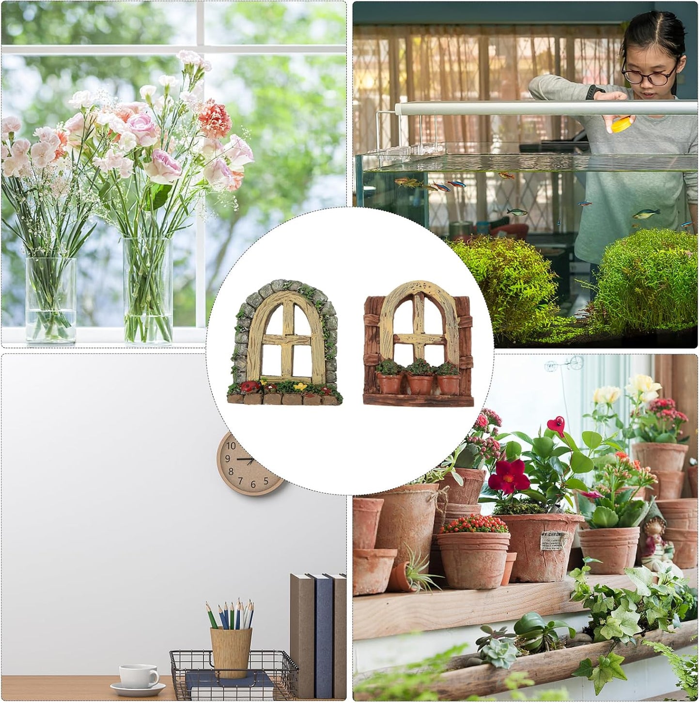 DOITOOL 2Pcs Miniature Fairy Garden Window,Artificial Window Ornament Miniature Fairy Doors Gnome Home Decoration,Resin Landscape Yard Art Garden Sculpture Fish Tank Decoration