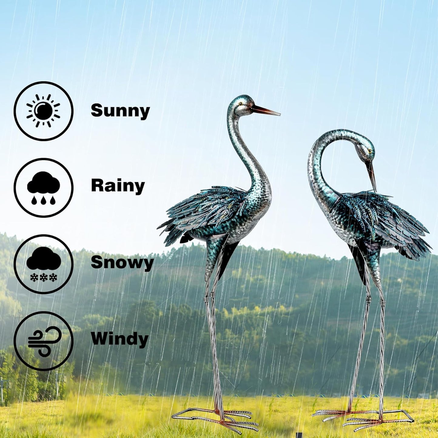 Kircust Garden Crane Statue for Outdoor, Blue Heron Decoy Garden Sculptures and Statues, Metal Bird Yard Art for Lawn Patio Decor, Set of 2