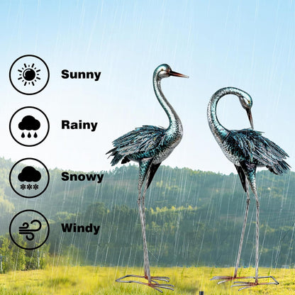 Kircust Garden Crane Statue for Outdoor, Blue Heron Decoy Garden Sculptures and Statues, Metal Bird Yard Art for Lawn Patio Decor, Set of 2