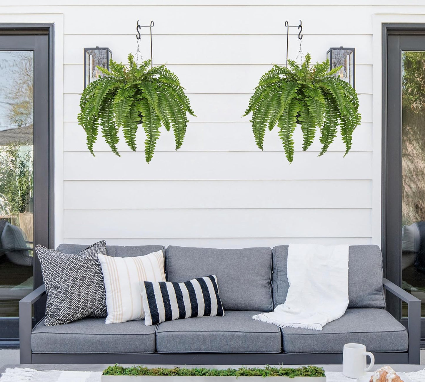 Hollyone 33" Artificial Boston Fern Hanging Basket Large 39 Leaves Fake Ferns in Rattan Pot Greenery Plants for Outdoors & Indoor Faux Fern Bush Basket Plant Patio Garden Home Decor Green
