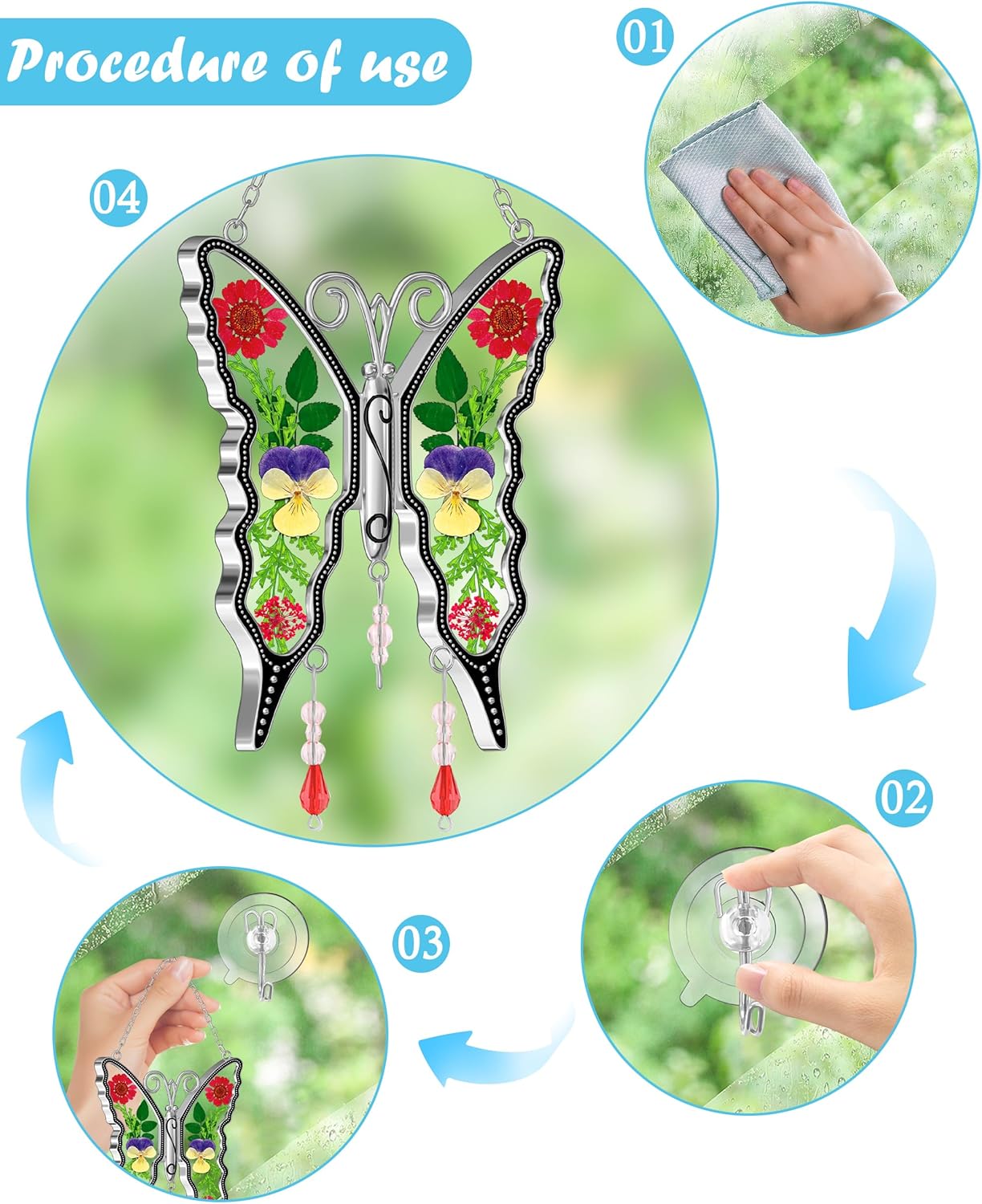 KY&BOSAM Butterfly Suncatcher for Window Hanging DIY Mom Gift Ornament Pressed Flower Between Wings Glass Metal Engraved No Charm Gift for Mom Mother's Day Valentine's Birthday Thanksgiving Christmas