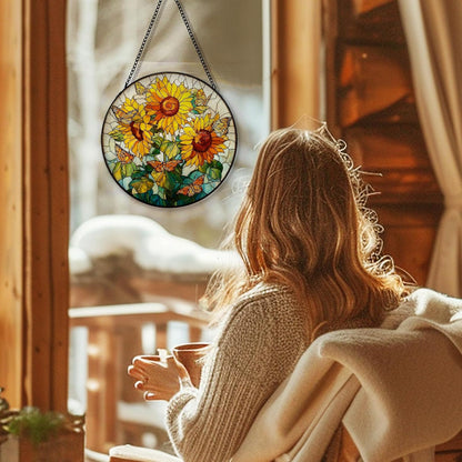 Sunflower Butterfly Suncatcher Stained Glass Garden Window Hanging, Sunflower Sun Catchers Indoor Window Glass Round Wall Decor, Cottagecore Summer Floral Wall Art Hanging Decorations, ＂7.8x7.8＂