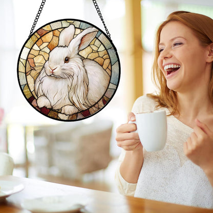 Stained Glass Window Hanging Cute White Angora Rabbit 9.8" - Bunny Suncatcher Door Garden Sunroom Sun Catcher Home Decor Birthday Christmas for Mom Men Woman Nana