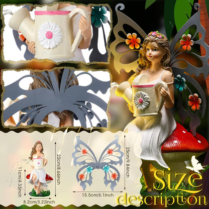 9. 8'' H Fairies Garden Figurines Garden Accessories Butterfly Wing Fairy Figurine Mushroom Decor Solar Luminous Watering Can Resin Statue for Outdoor Indoor Patio Yard Home Decorations