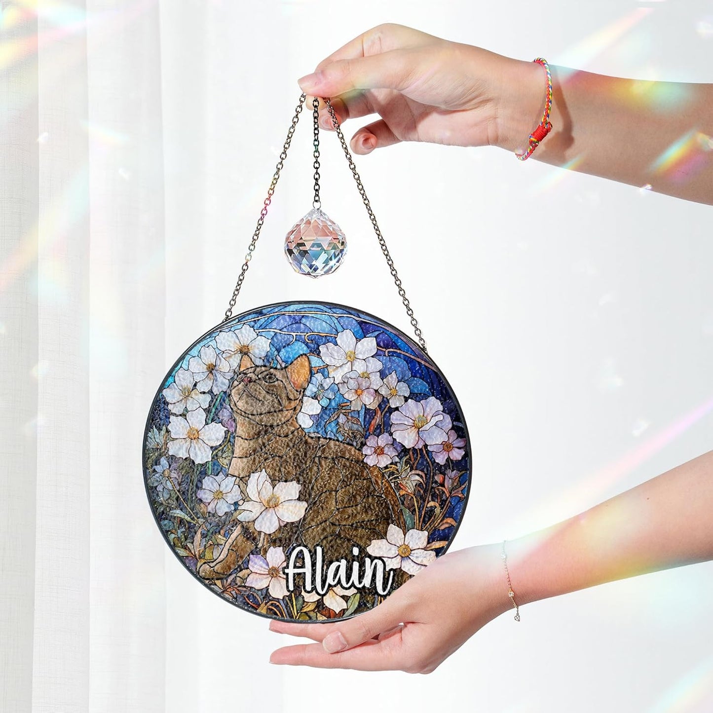 Personalized Pet Stained Glass Suncatcher Custom Name Pet Photo Ornament Window Hanging Holiday Home Decor Sympathy Gift for Loss of Dog Cat Memorial Keepsake Remembrance Gift for Dog Lovers