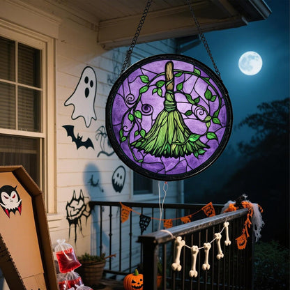 Stained Glass Window Hanging - Halloween Decorations Witch Magic Broom Suncatcher for Doors Garden Indoor Funny Spooky Sun Catchers Gothic Decor Horror Gifts for Women Men Friend 11.8 in