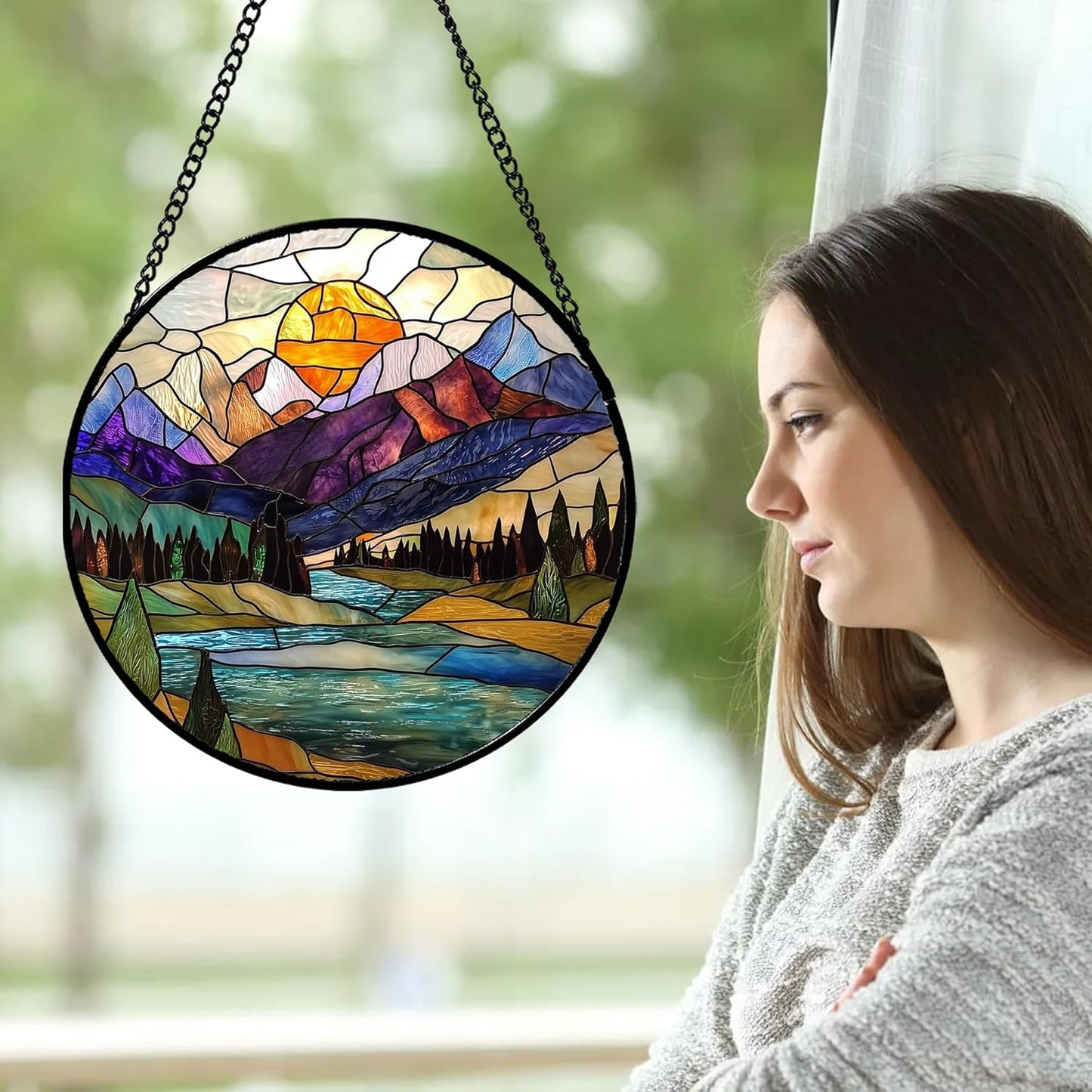 Stained Glass Window Hanging, Blue Lake Golden Sun Abstract Mountains Landscape Suncatcher for Doors Window Home Sun Catchers Decor Mother's Day Birthday Gifts for Women Men Mom 6.3 in