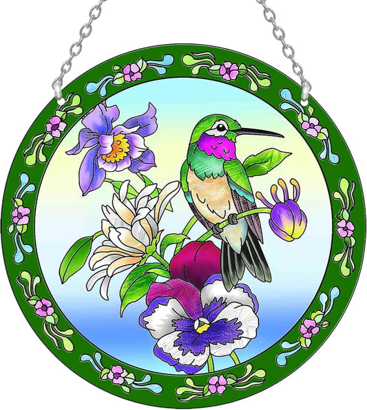 Hummingbird Stained Glass Suncatcher Round, Window Hanging with Chain & Hook, Gift-Boxed Floral