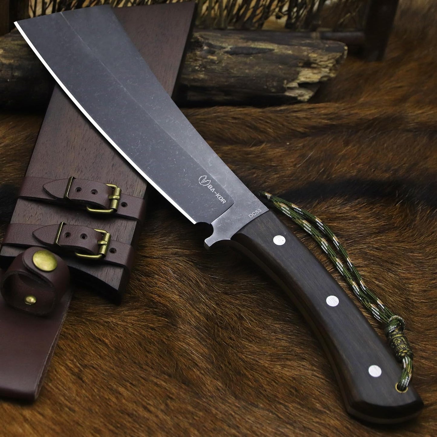 BA-KOR (Pioneer ) (14.6") DC53 steel 6mm thickened full Tang fixed knife+ Wooden sheath &(5.9IN) Cerium Igniter, suitable for outdoor hunting, cutting, chopping, camping, obstacle removal, exploration, fishing, EDC, BBQ (BA-Kb-0A)