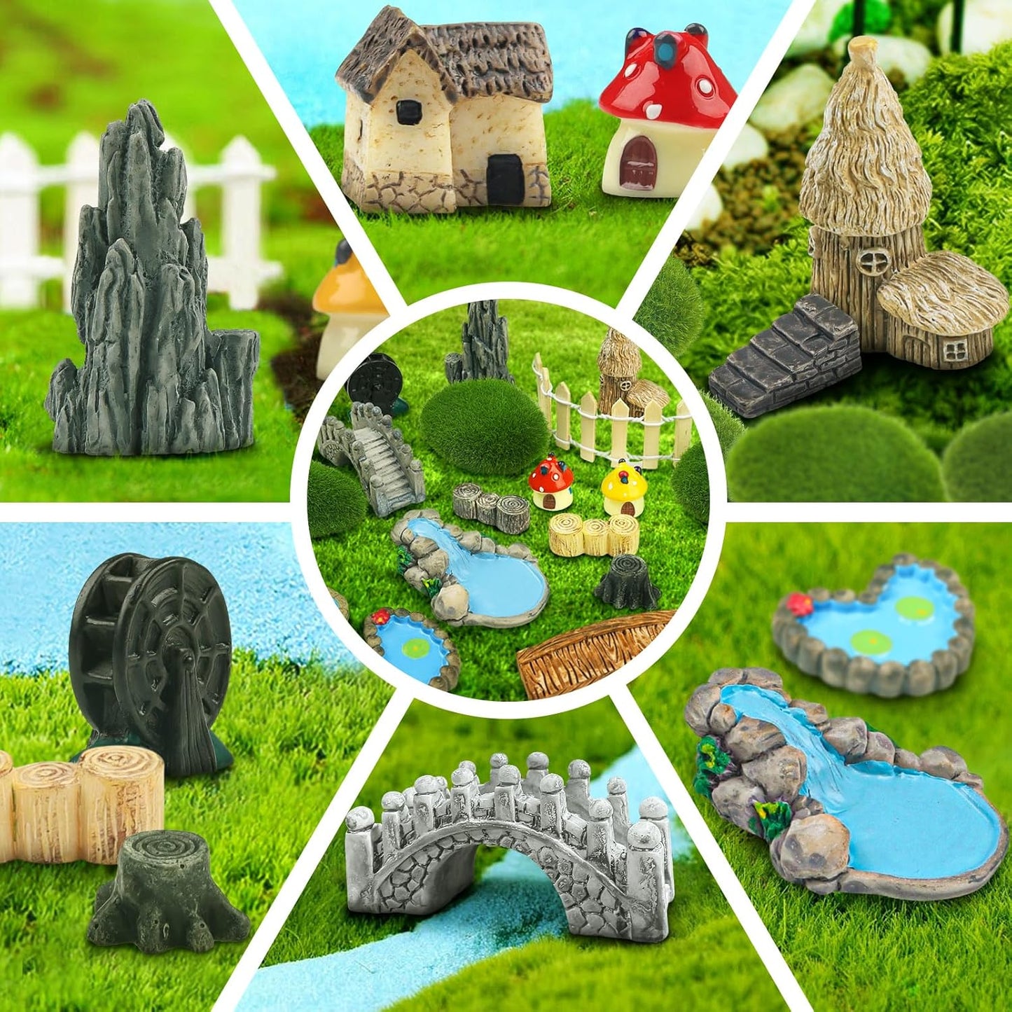 21 Pcs Fairy Garden Miniatures Accessories Bridge House Landscape Water Well Fence Figurines Pond Mushroom Lawn Garden Ornament for DIY Craft Succulent Decor