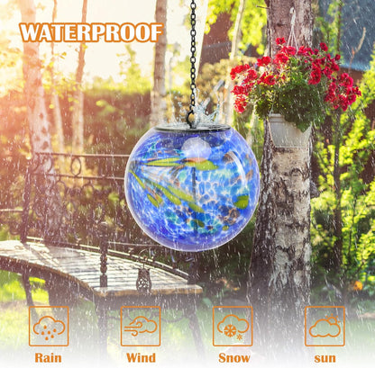 Solar Hanging Lanterns Outdoor Solar Glaze Glass Lantern Globe Hanging Outdoor Lights for Garden Yard Home Decoration Blue