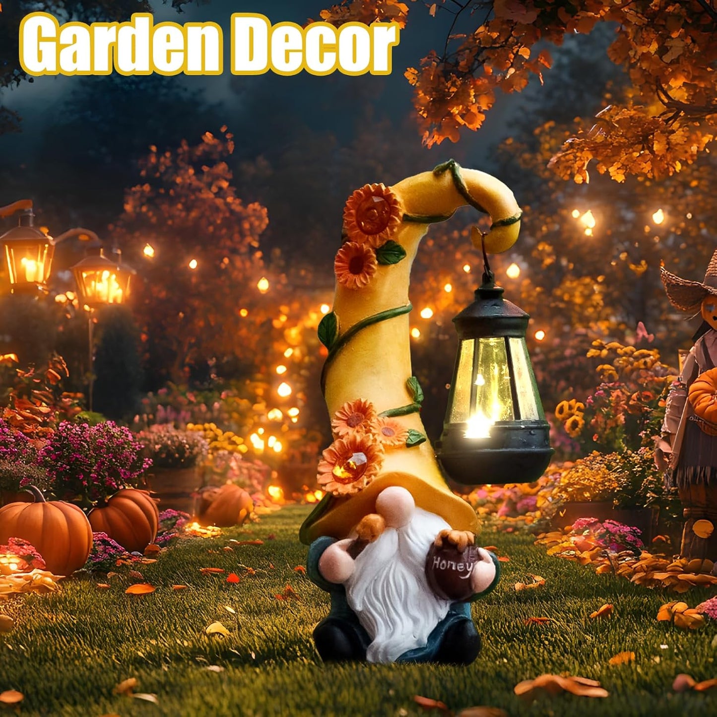 Thanksgiving Decorations for Home Porch 12" Solar Sunflower Gnome Garden Statues Honey Bee Jar Decor with LED Lantern Outdoor Gnomes Decorations Patio Yard Balcony Art Birthday Gifts for Mom Grandma