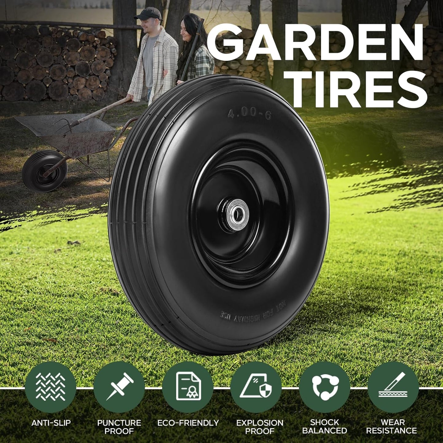 Taifa 13 Inch 1 Pack Solid Flat Free Replacement Tires and Wheels 4.00-6 with 5/8'' Axle Bore Hole, Air Less Wheel for Wheelbarrow/Wagon/Hand Truck/Trolley/Garden Scooter etc.