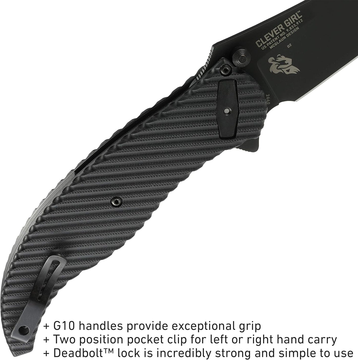 CRKT Clever Girl Folding Pocket Knife: Heavy Duty Everyday Carry, Black Blade, Flipper Open, Deadbolt Button Lock, IKBS Ball Bearing Pivot, G10 Handle 2640