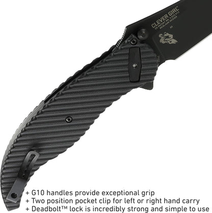 CRKT Clever Girl Folding Pocket Knife: Heavy Duty Everyday Carry, Black Blade, Flipper Open, Deadbolt Button Lock, IKBS Ball Bearing Pivot, G10 Handle 2640